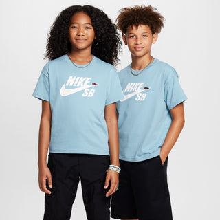 Nike SB Denim Turquoise midweight cotton kids' T-shirt with spacious fit.