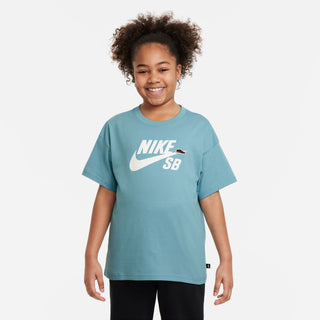 Nike SB Denim Turquoise midweight cotton kids' T-shirt with spacious fit.