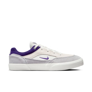 Nike SB Malor skate shoes with suede, canvas upper, and herringbone outsole in Platinum Tint/Wolf Grey/Court Purple.