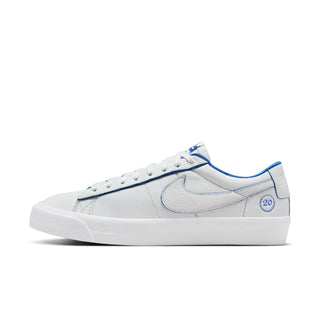 Nike SB Blazer Low Pro GT Premium "Fine China" in Summit White with premium leather, Air Zoom cushioning, and special edition graphics.