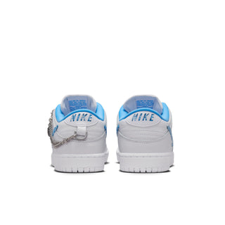 Nike SB Dunk Low Pro Nicole Hause in white leather with blue accents, detachable chain bracelet, and unique sockliner art.