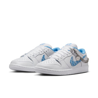 Nike SB Dunk Low Pro Nicole Hause in white leather with blue accents, detachable chain bracelet, and unique sockliner art.