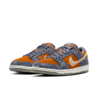 Nike SB Dunk Low Pro Light Carbon/Sesame-Monarch with suede upper, foam midsole, and durable rubber outsole.