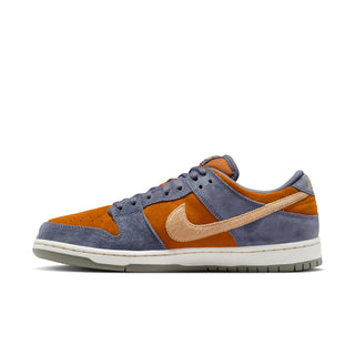 Nike SB Dunk Low Pro Light Carbon/Sesame-Monarch with suede upper, foam midsole, and durable rubber outsole.