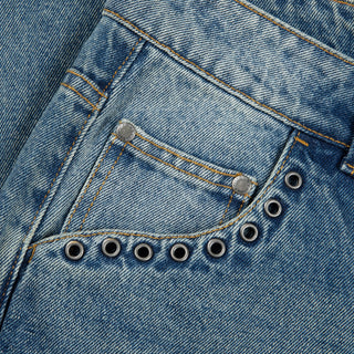 Dime Classic Relaxed Denim Pants in Sandblasted Indigo with wavy patch pockets and embroidered logo.