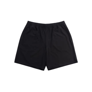 Black shorts with elastic waistband, side slits, and embroidered logo.