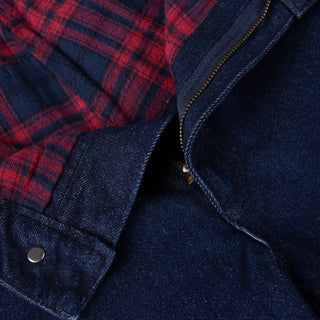 Indigo denim pants with flannel lining, distressing, and wavy pockets.