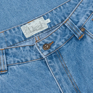 Blue washed relaxed denim pants with front coin pocket and embroidered logo on the back.