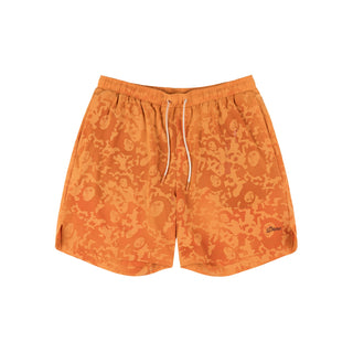 Dime MTL Secret Swim Shorts in Orange with water-reactive print and cursive logo embroidery.