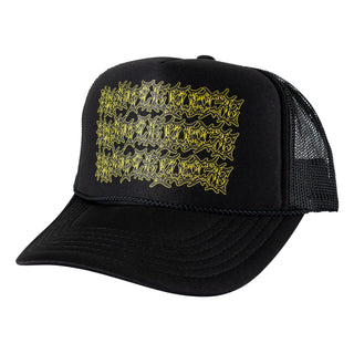 Welcome x Beetlejuice Three Times Foam Front Trucker Hat, black, officially licensed collaboration with front print and mesh back.