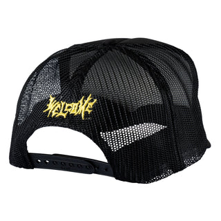 Welcome x Beetlejuice Three Times Foam Front Trucker Hat, black, officially licensed collaboration with front print and mesh back.