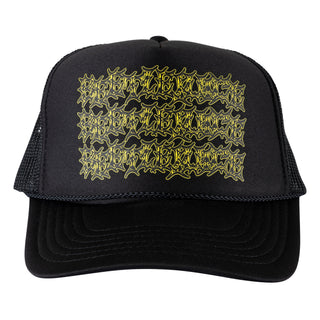 Welcome x Beetlejuice Three Times Foam Front Trucker Hat, black, officially licensed collaboration with front print and mesh back.