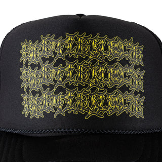 Welcome x Beetlejuice Three Times Foam Front Trucker Hat, black, officially licensed collaboration with front print and mesh back.