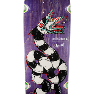 Welcome x Beetlejuice Sandworm Magic Bullet deck, 10.5" x 33", purple and green veneer, officially licensed.