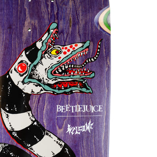 Welcome x Beetlejuice Sandworm Magic Bullet deck, 10.5" x 33", purple and green veneer, officially licensed.