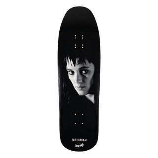 Welcome Skateboards x Beetlejuice Lydia Gaia deck, 9.6" x 31.75", black and white dip, double-drilled wheelbase.