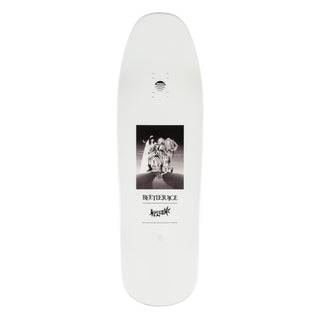 Welcome Skateboards x Beetlejuice Lydia Gaia deck, 9.6" x 31.75", black and white dip, double-drilled wheelbase.