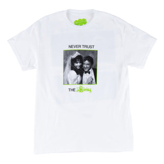 Welcome x Beetlejuice Trust Tee in white, featuring puff print green details and screenprinted graphics.