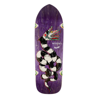 Welcome x Beetlejuice Sandworm Magic Bullet deck, 10.5" x 33", purple and green veneer, officially licensed.