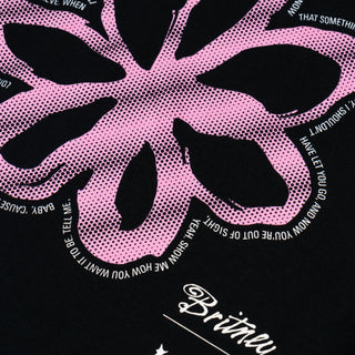 Welcome Skateboards x Britney Spears Flower Tee, black, pink and white photo print, flower logo, lyrics.