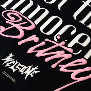 Welcome Skateboards x Britney Spears Daisies Puff Tee, black, photo and lyric print, puff ink logo.