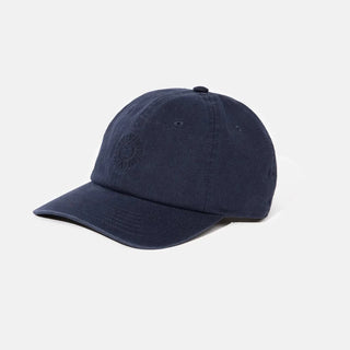 Vintage-style navy cap with sun logo embroidery and adjustable strap.