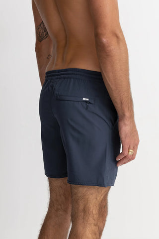 Navy recycled polyester beach shorts with mesh drainage pockets.