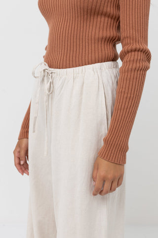 Rhythm Classic Drawstring Pant in Oat, wide-leg fit with elastic waist and soft rayon-linen blend.