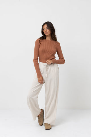 Rhythm Classic Drawstring Pant in Oat, wide-leg fit with elastic waist and soft rayon-linen blend.