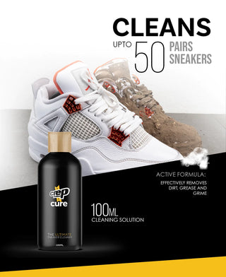 Crep Protect Cure Cleaning Kit with solution, brush, cloth, and case for effective sneaker maintenance.