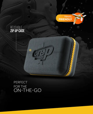 Crep Protect Cure Cleaning Kit with solution, brush, cloth, and case for effective sneaker maintenance.