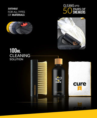 Crep Protect Cure Cleaning Kit with solution, brush, cloth, and case for effective sneaker maintenance.