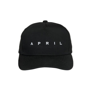 April EMB Snapback in black with white front and back embroidery, high-profile, 5-panel.