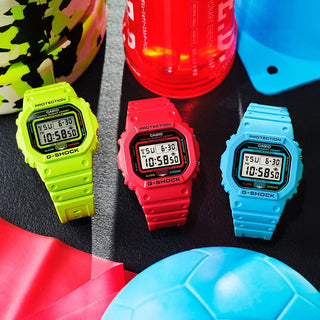 G-SHOCK DW-5600EP-2 with vibrant colors, shock resistance, and 200-meter water resistance.