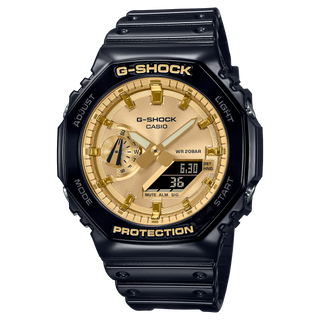 Casio G-SHOCK GA-2100GB-1A with gold vapor-deposited dial, glossy black bezel, and Super Illuminator LED light.