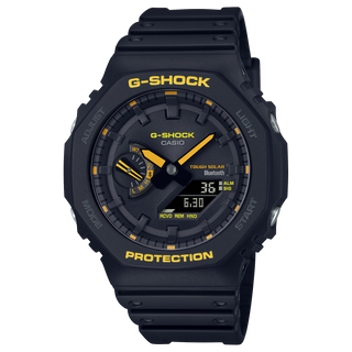 Casio G-SHOCK GA-B2100CY-1A in black and yellow with Bluetooth, solar charging, and 200-meter water resistance.