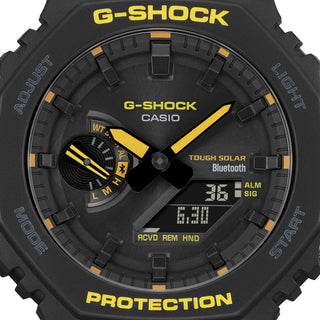 Casio G-SHOCK GA-B2100CY-1A in black and yellow with Bluetooth, solar charging, and 200-meter water resistance.