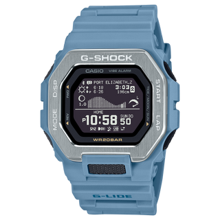 Casio G-SHOCK GBX-100-2A with high-resolution display, Bluetooth, and bio-based resin band for surf and sports tracking.