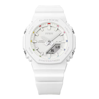 G-SHOCK x Itzy collaboration watch, white with colorful accents and ITZY logo.