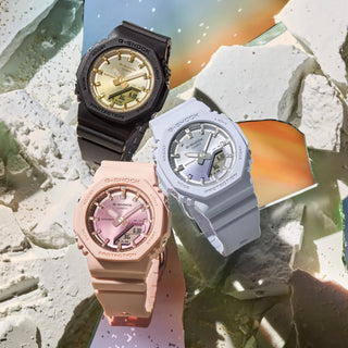 G-SHOCK sunset-inspired watch with color gradation dial and stainless steel touches.