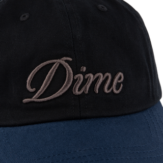 Dime Cursive Low Pro Cap in Black/Midnight with strapback and cursive logo.