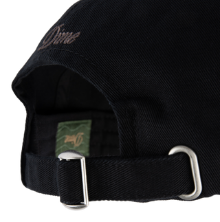 Dime Cursive Low Pro Cap in Black/Midnight with strapback and cursive logo.