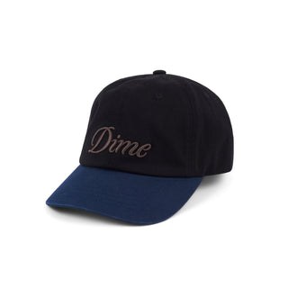 Dime Cursive Low Pro Cap in Black/Midnight with strapback and cursive logo.