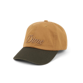 Dime Cursive Low Pro Cap in Wheat Green with strapback and cursive logo.