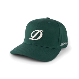 Forest Green strapback cap with chain-stitch embroidery and cotton construction.