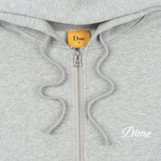 Dime MTL Cursive Zip Hoodie in Heather Gray with embroidered logo and two-way zipper.