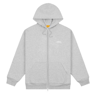 Dime MTL Cursive Zip Hoodie in Heather Gray with embroidered logo and two-way zipper.