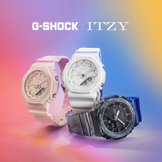 G-SHOCK x Itzy collaboration watch, white with colorful accents and ITZY logo.