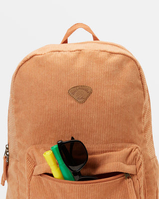 Billabong Schools Out Corduroy Backpack in Baked Clay with laptop sleeve and padded straps.