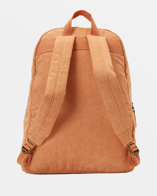 Billabong Schools Out Corduroy Backpack in Baked Clay with laptop sleeve and padded straps.